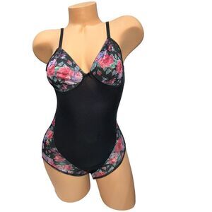 Vintage Bali Floral Black Pink Sissy Bodysuit Size Medium 34 Bust 99099